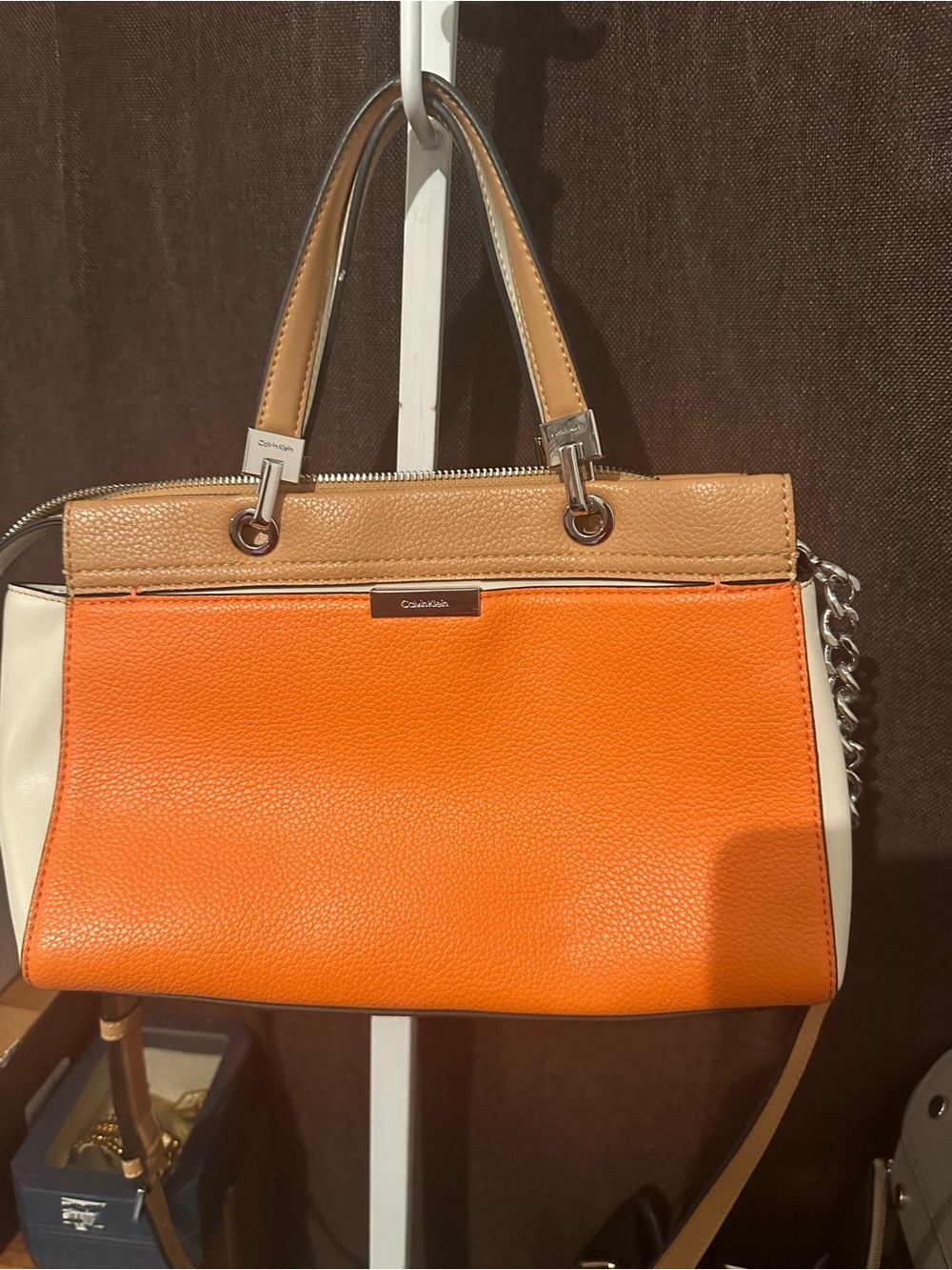 Calvin Klein Orange, Tan & Cream Leather Shoulder Bag